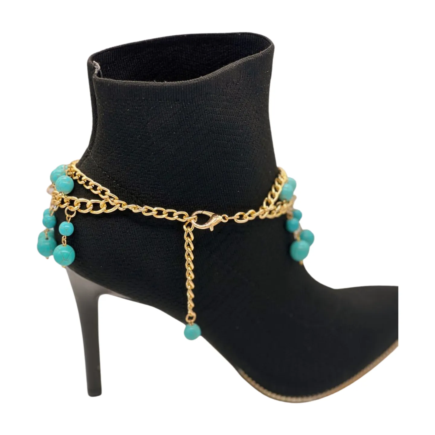 Gold Metal Chain Boot Bracelet Western Shoe Turquoise Blue Charm Anklet