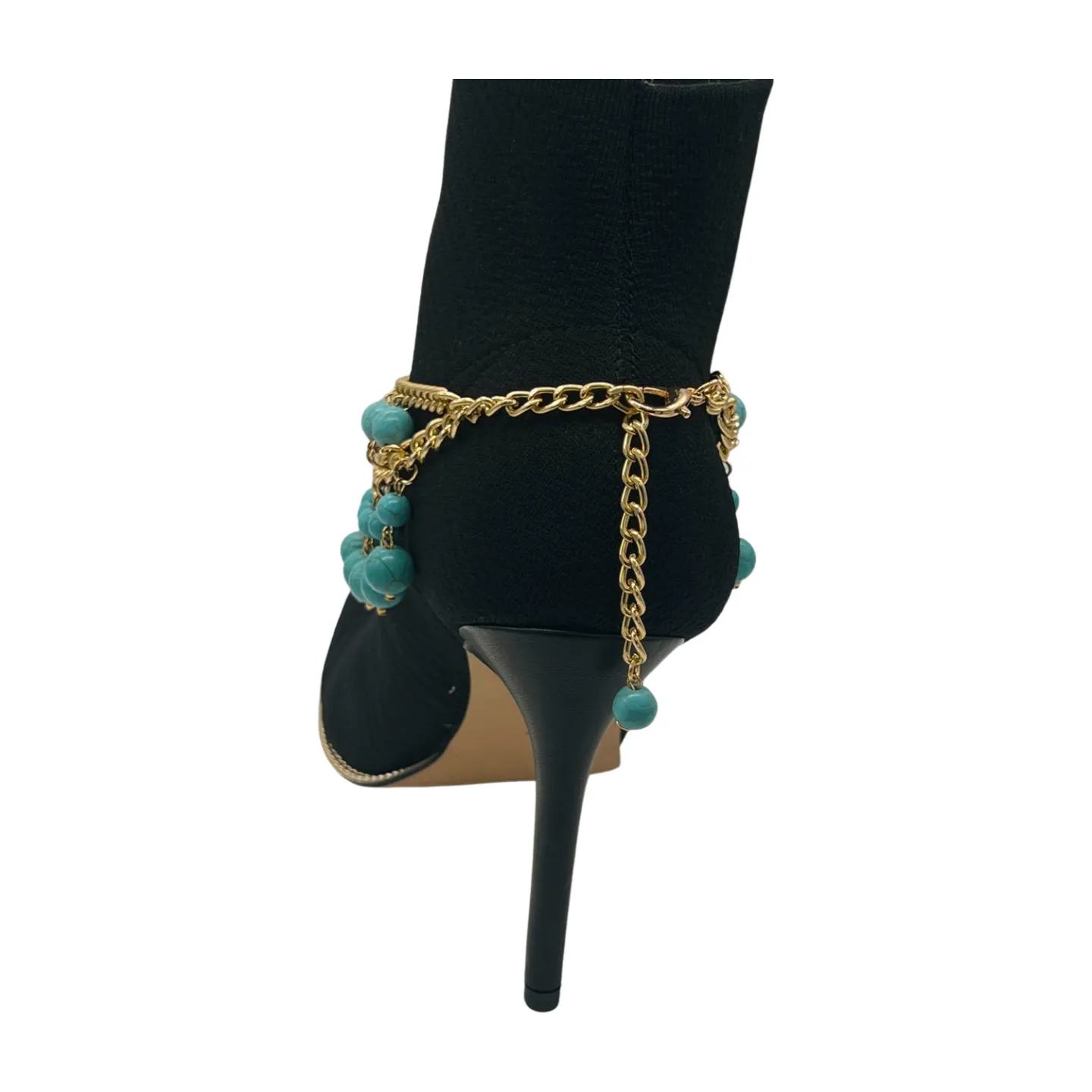 Gold Metal Chain Boot Bracelet Western Shoe Turquoise Blue Charm Anklet