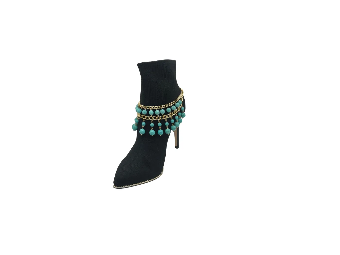 Gold Metal Chain Boot Bracelet Western Shoe Turquoise Blue Charm Anklet