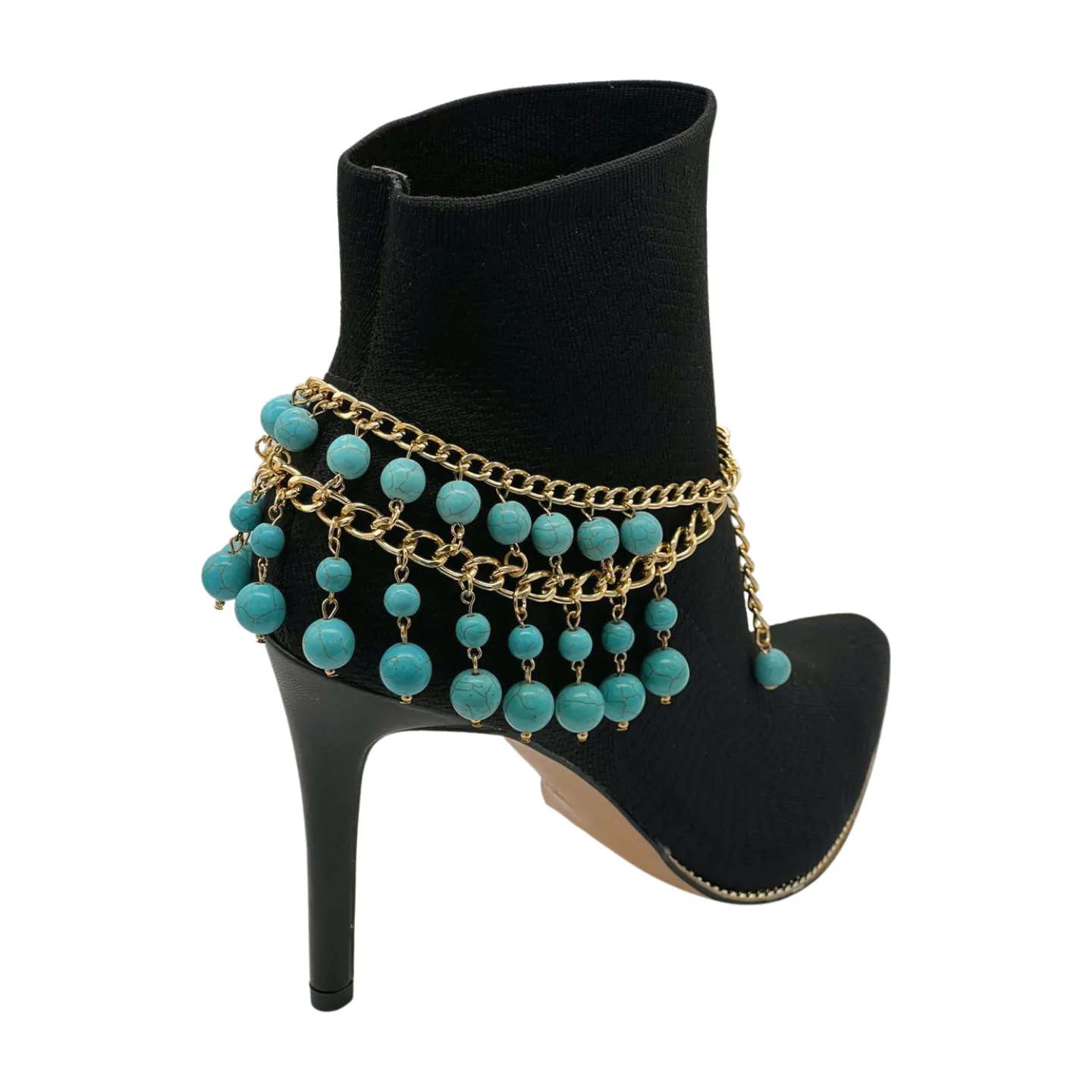 Gold Metal Chain Boot Bracelet Western Shoe Turquoise Blue Charm Anklet