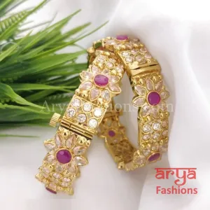 Golden Ruby Pink Polki Flower Bangles, Pair of 2 Bangles