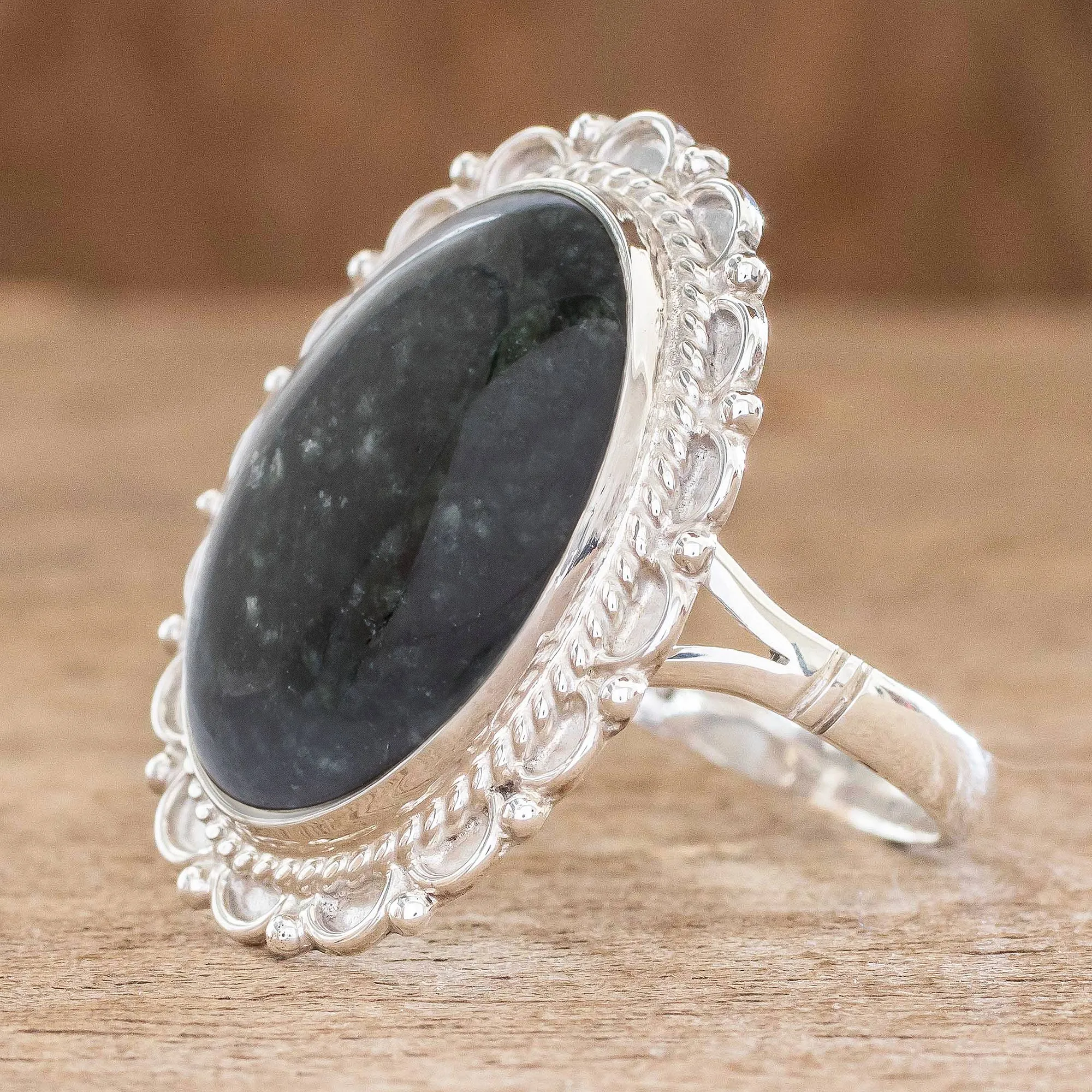 Handcrafted Sterling Silver Jade Cocktail Ring - Dark Green Forest Princess | NOVICA