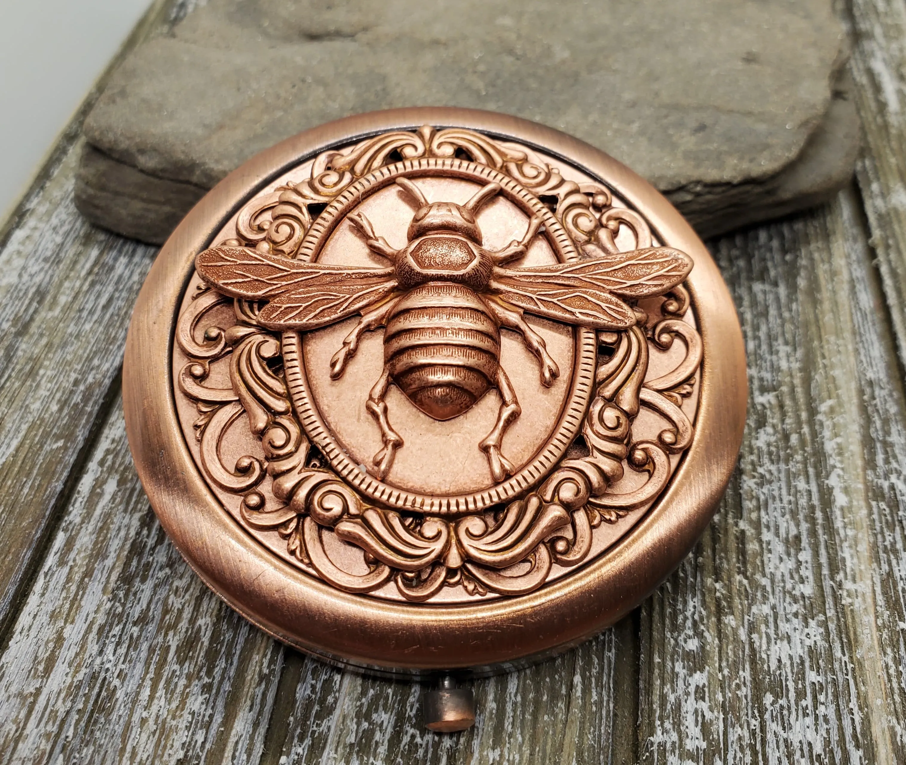 Handmade Victorian Oxidized Rose Gold Bee Steampunk Compact Mirror