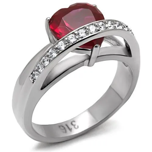 High polished (no plating) Stainless Steel Ring with AAA Grade CZ in Ruby for Women Style TK089