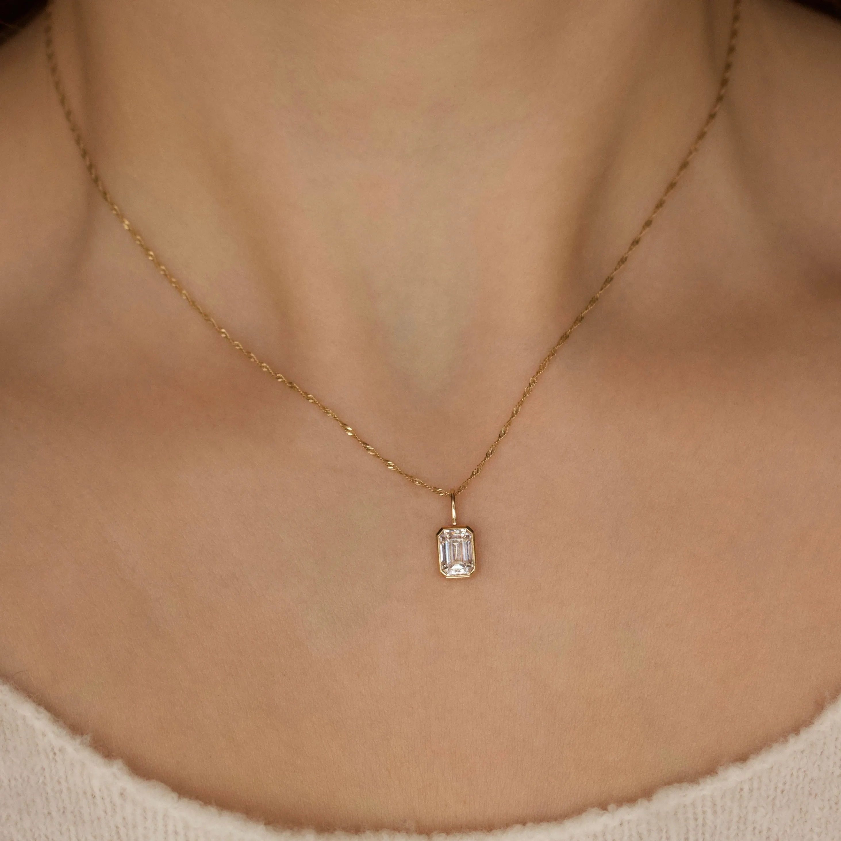 Moissanite Emerald Cut Bezel Set Pendant