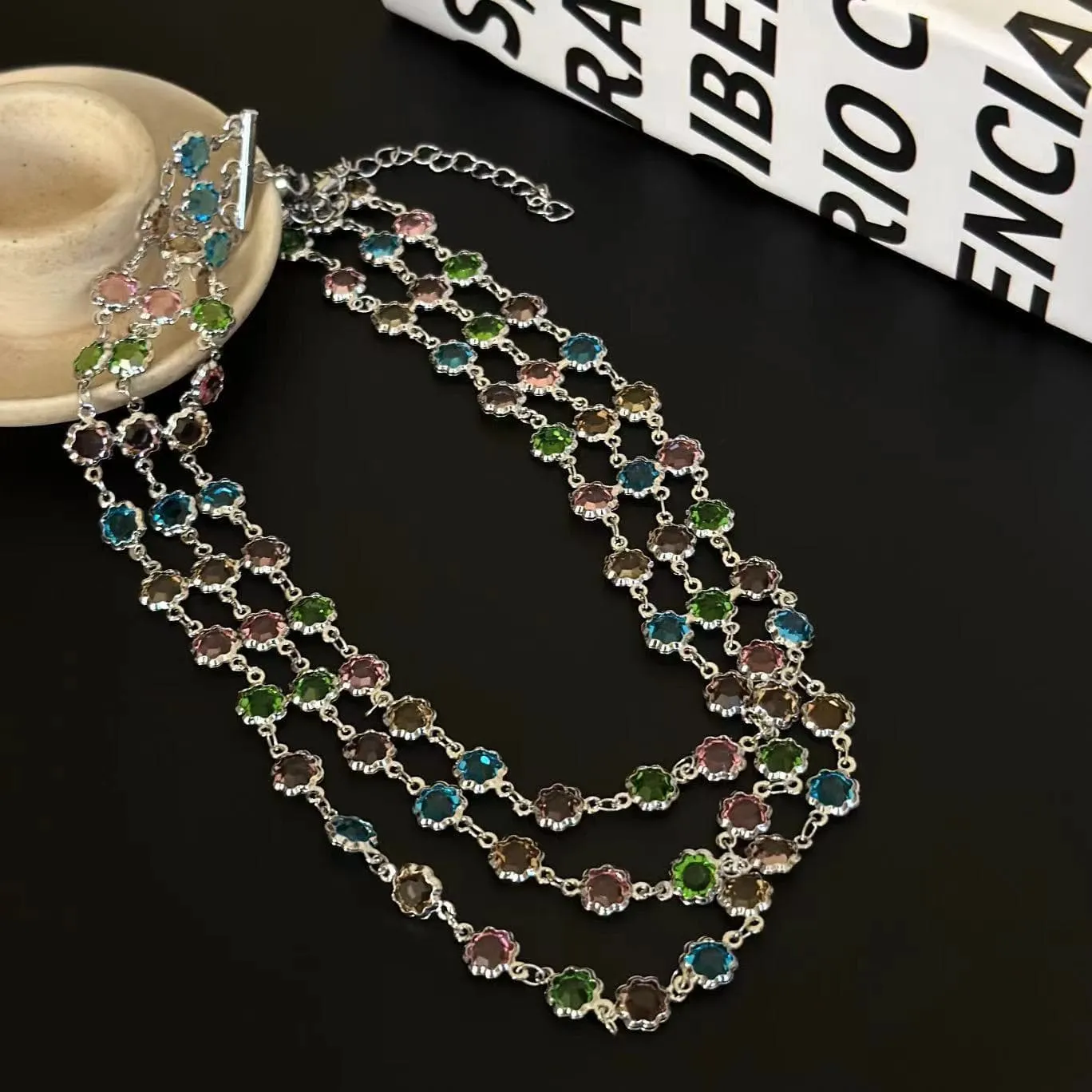 Multicolor layered crystal beaded necklace