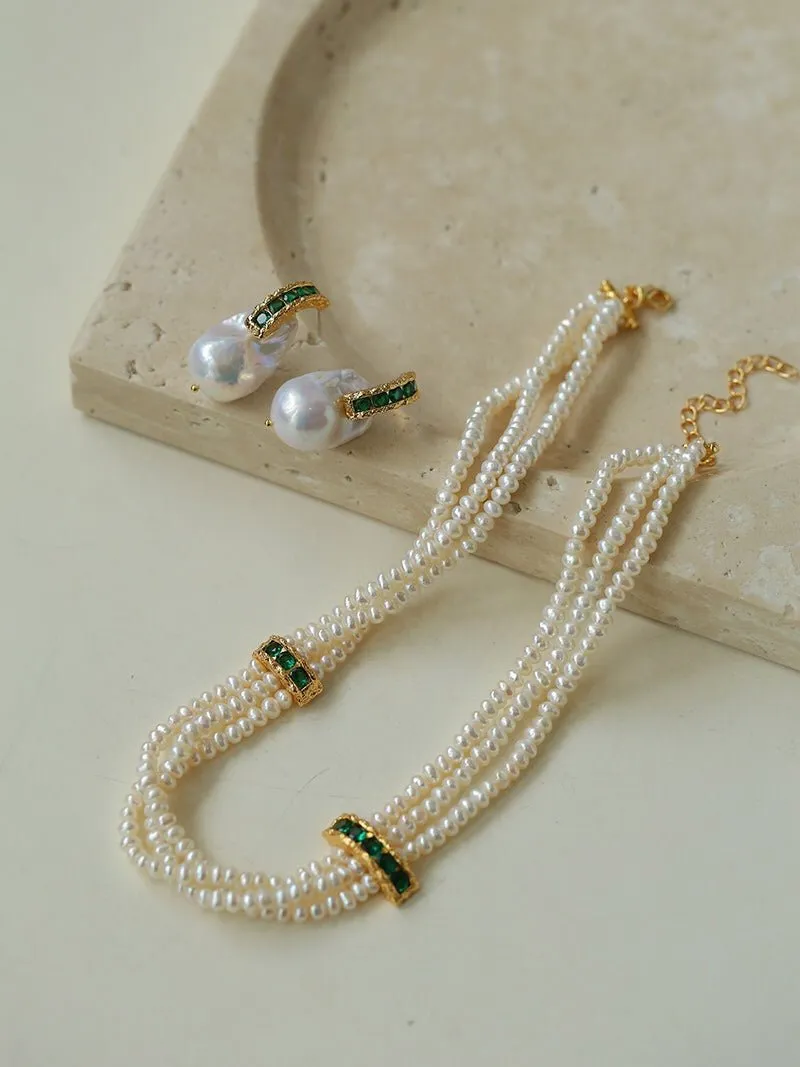 Natural Seed Pearl Multi-layer Emerald Necklace Choker