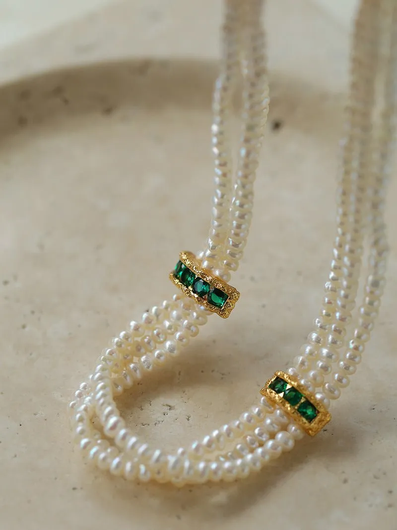 Natural Seed Pearl Multi-layer Emerald Necklace Choker