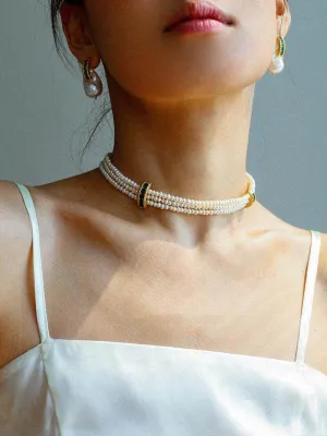 Natural Seed Pearl Multi-layer Emerald Necklace Choker