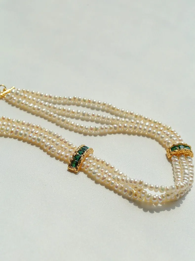 Natural Seed Pearl Multi-layer Emerald Necklace Choker