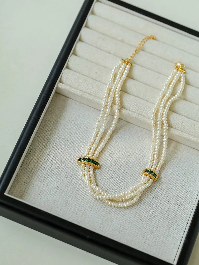 Natural Seed Pearl Multi-layer Emerald Necklace Choker