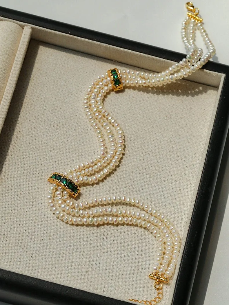 Natural Seed Pearl Multi-layer Emerald Necklace Choker