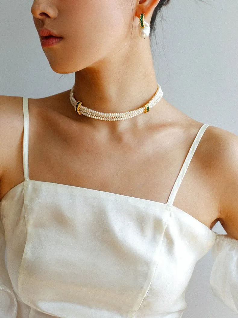 Natural Seed Pearl Multi-layer Emerald Necklace Choker