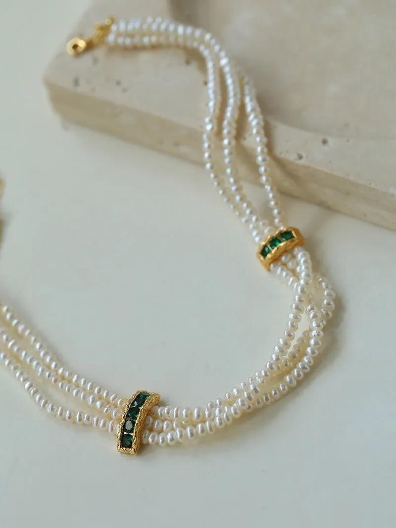 Natural Seed Pearl Multi-layer Emerald Necklace Choker