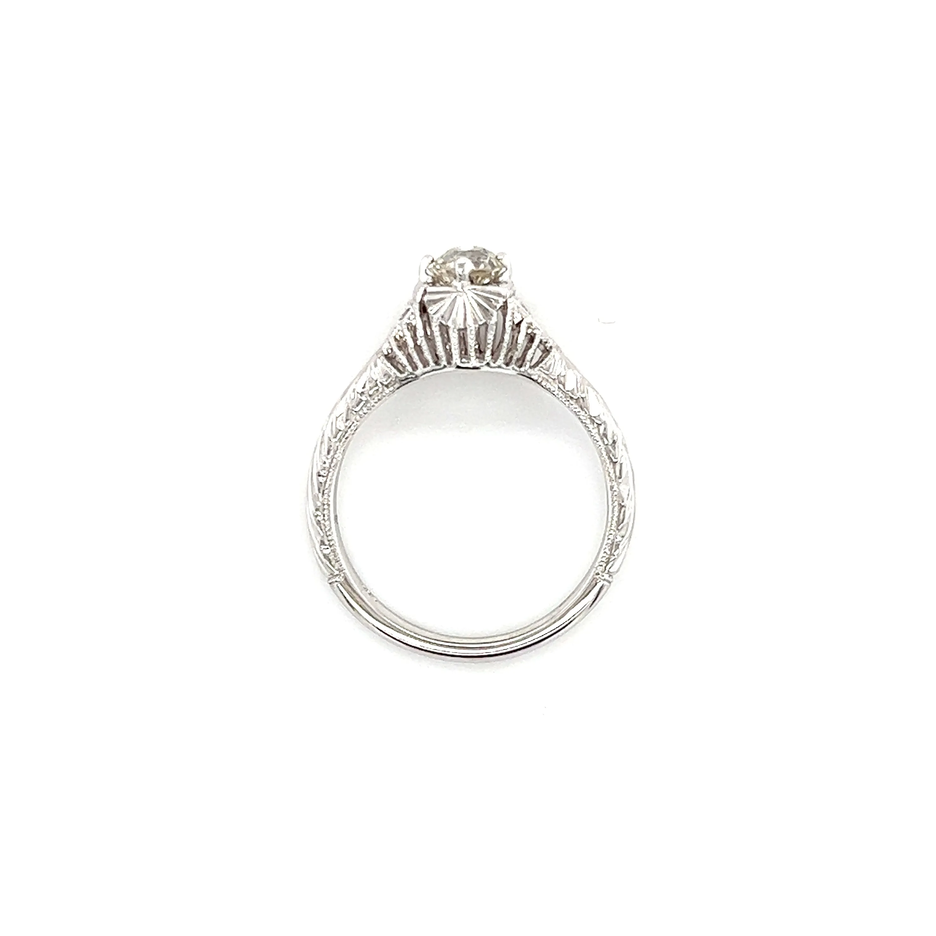 Old Mine-Cut Diamond Ring with Two Side Diamonds in 14K White Gold