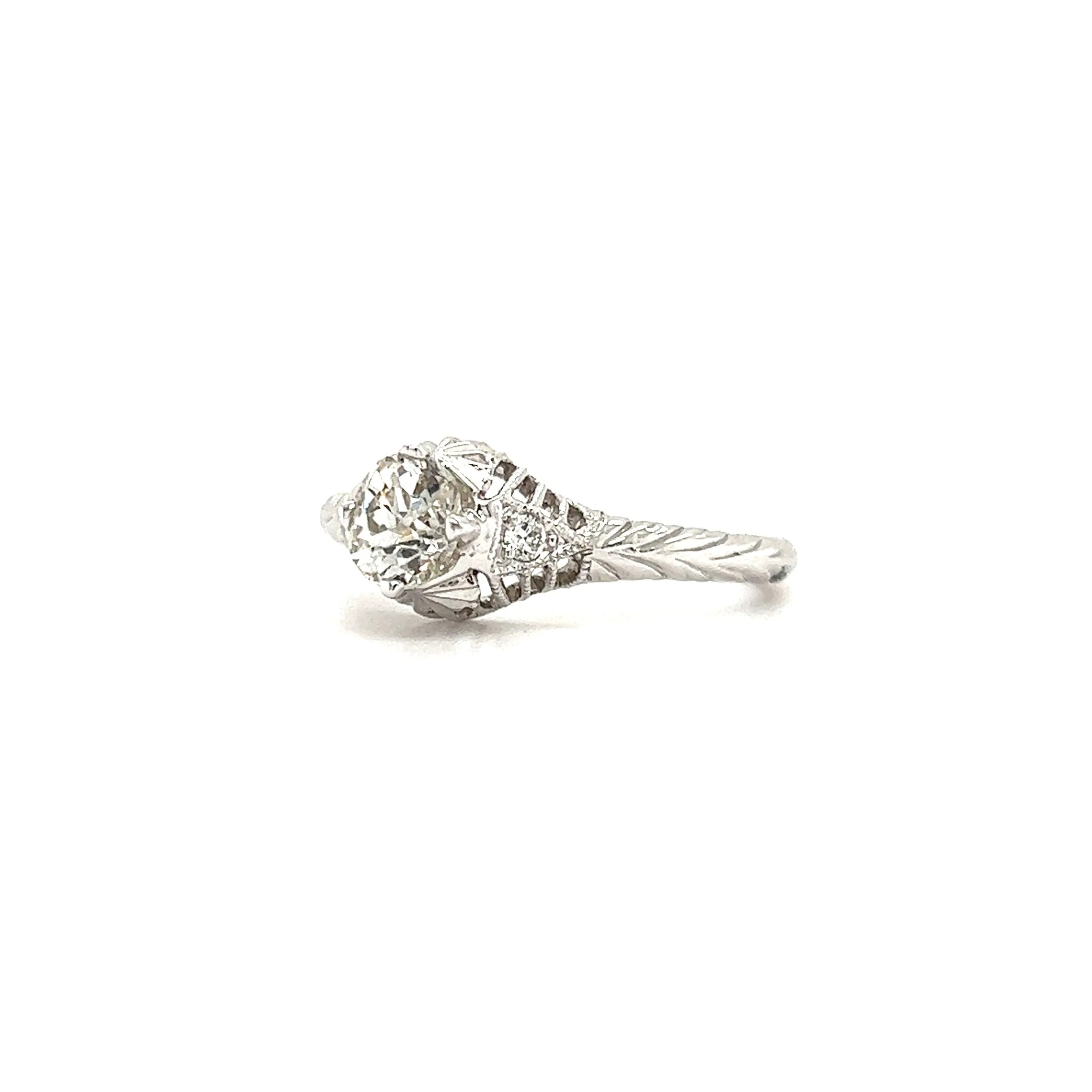 Old Mine-Cut Diamond Ring with Two Side Diamonds in 14K White Gold