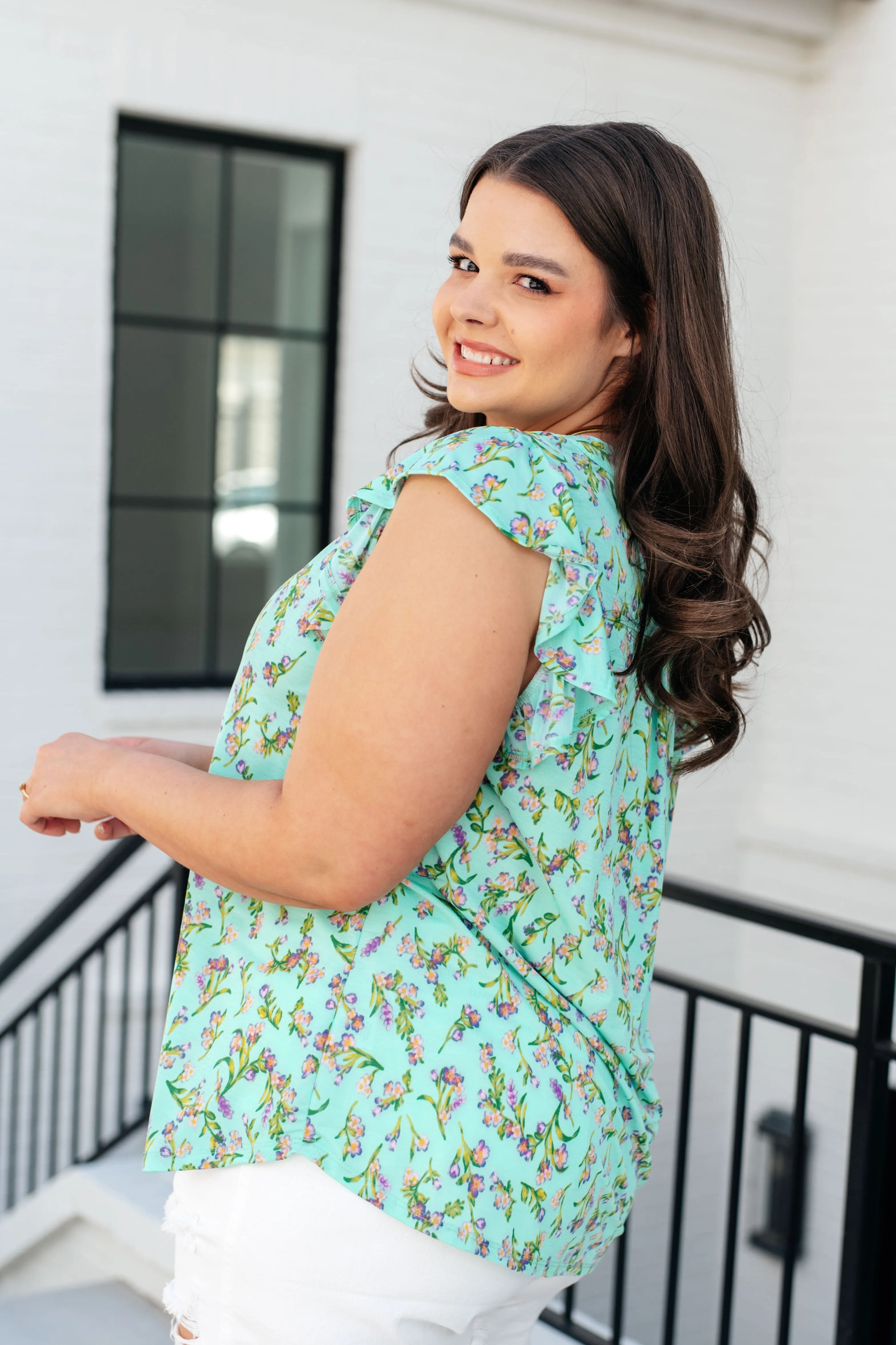 *Online Exclusive* Lizzy Flutter Sleeve Top in Emerald English Rose