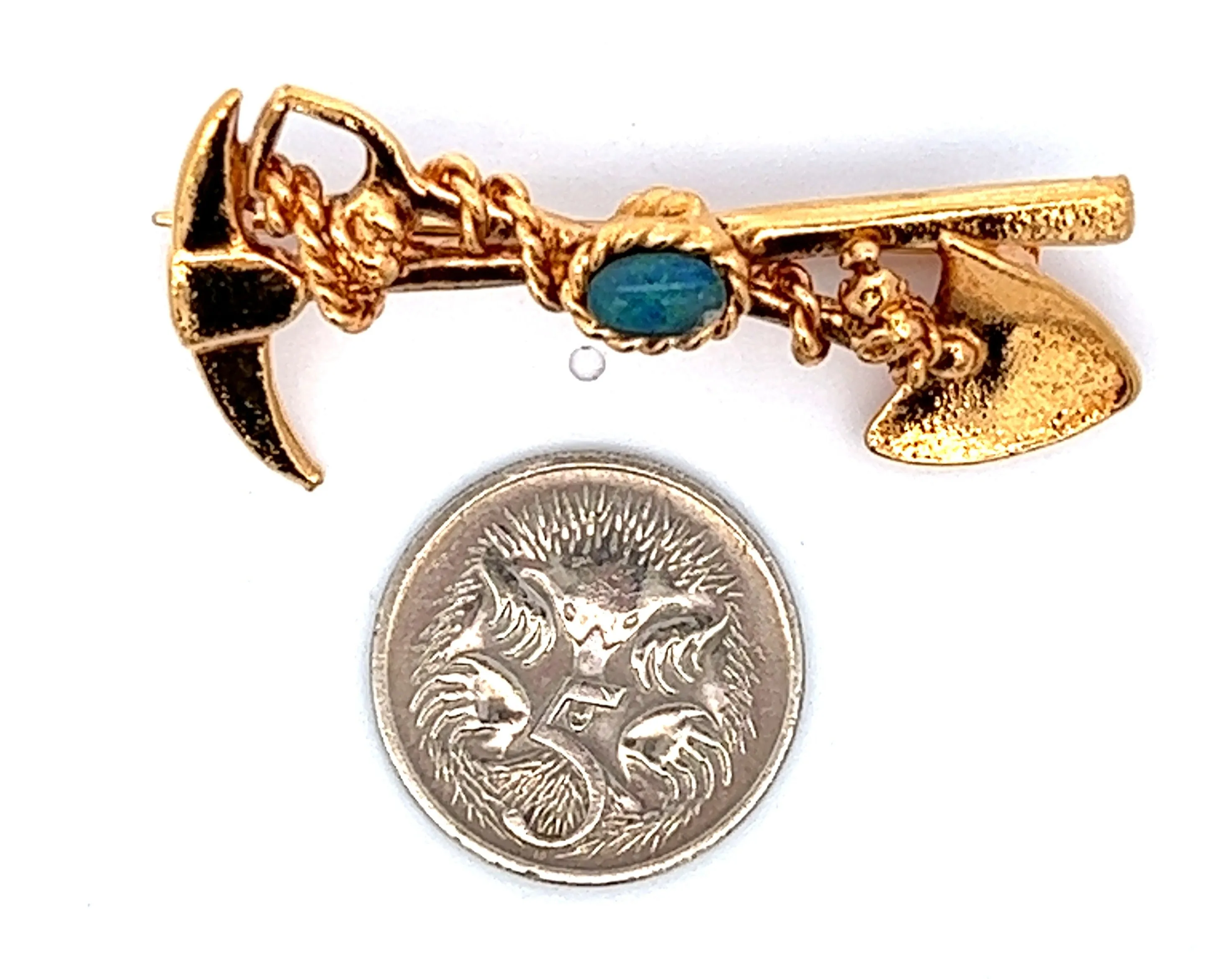 Opal Gold Plated Miners Brooch with Pick & Shovel