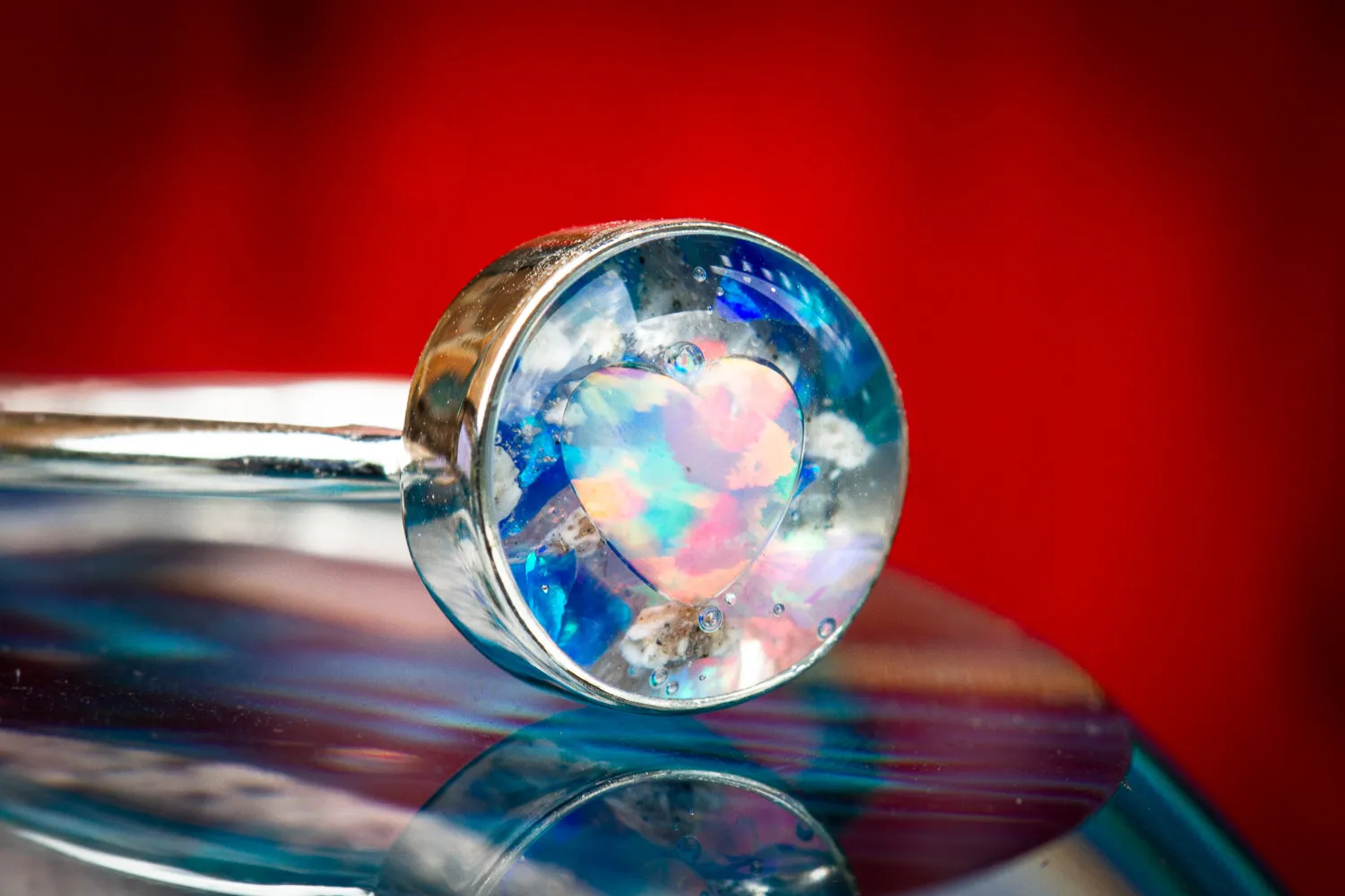 Opal Heart Ring with Cremation Ashes