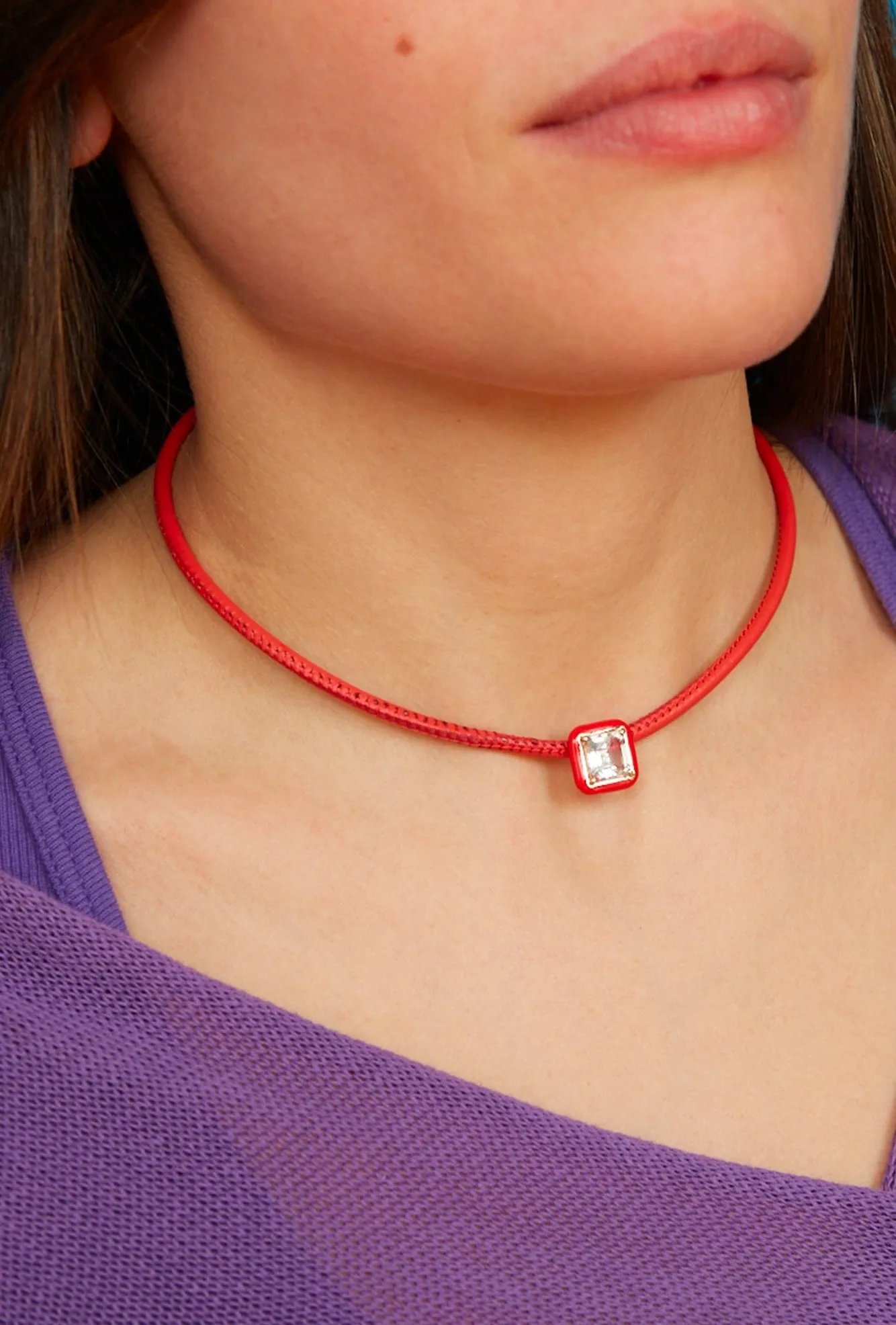 POP CHOKER ~ WITH SQUARE IN CANDY SETTING IN RED