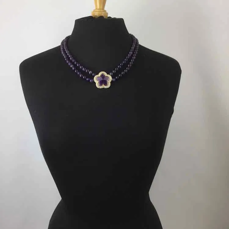 Purple/Gold Multi Strand Beaded Necklace