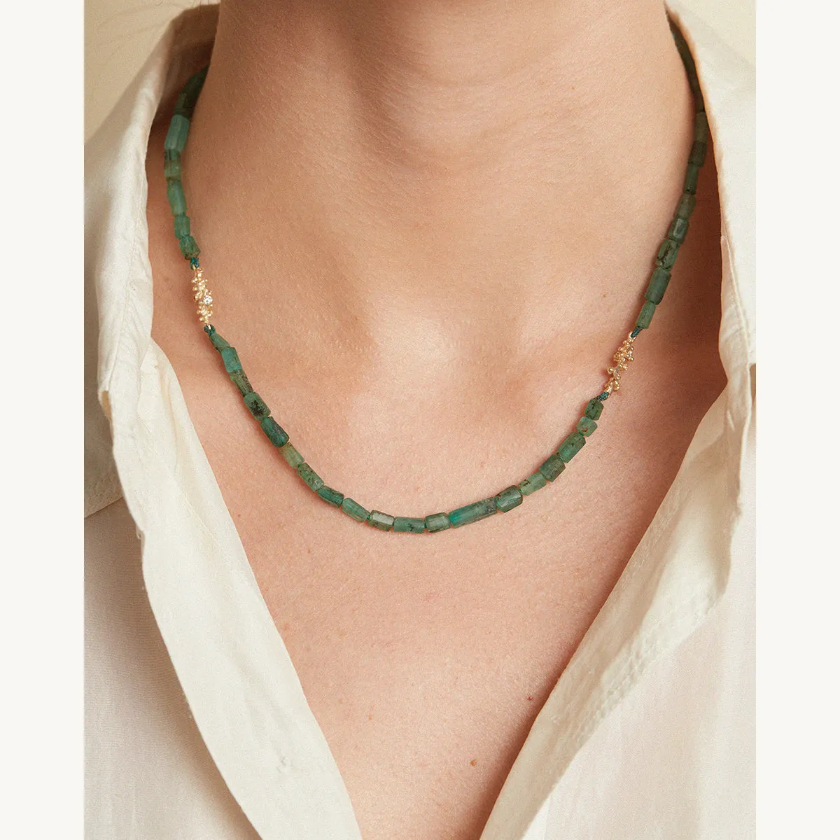 Raw Emerald Necklace with Diamond Encrusted Clusters