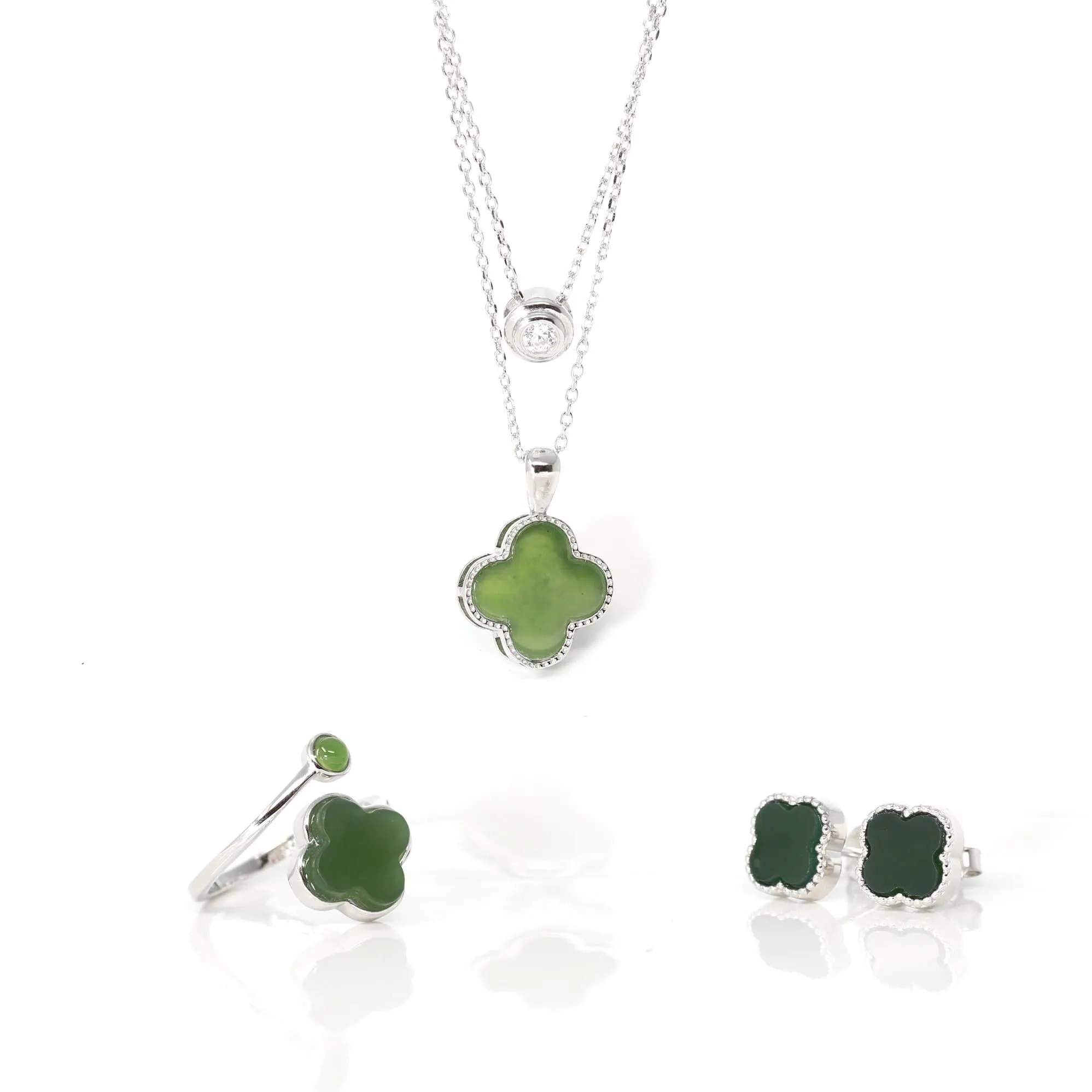 RealJade® Sterling Silver Real Green Nephrite Jade Lucky Four Leaf Pendant Necklace