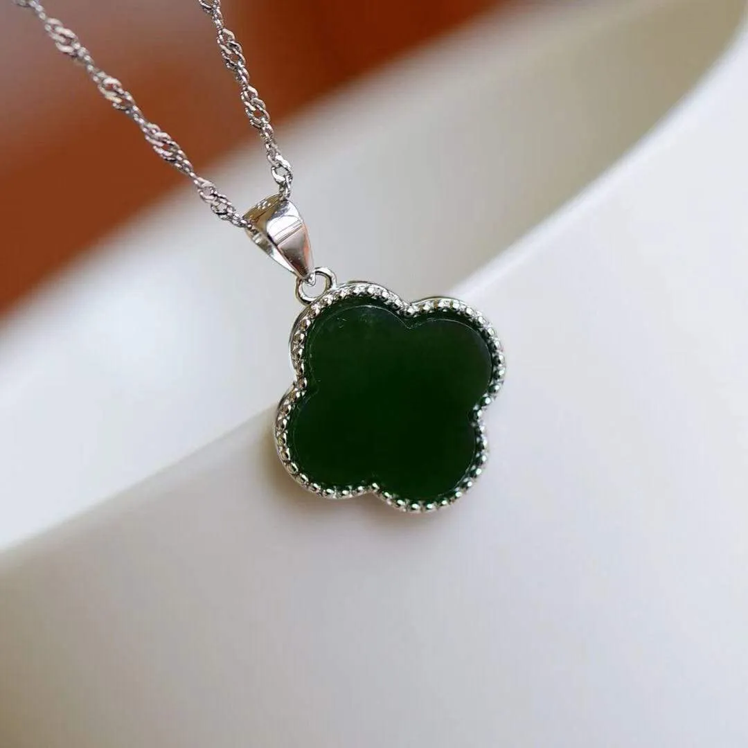 RealJade® Sterling Silver Real Green Nephrite Jade Lucky Four Leaf Pendant Necklace