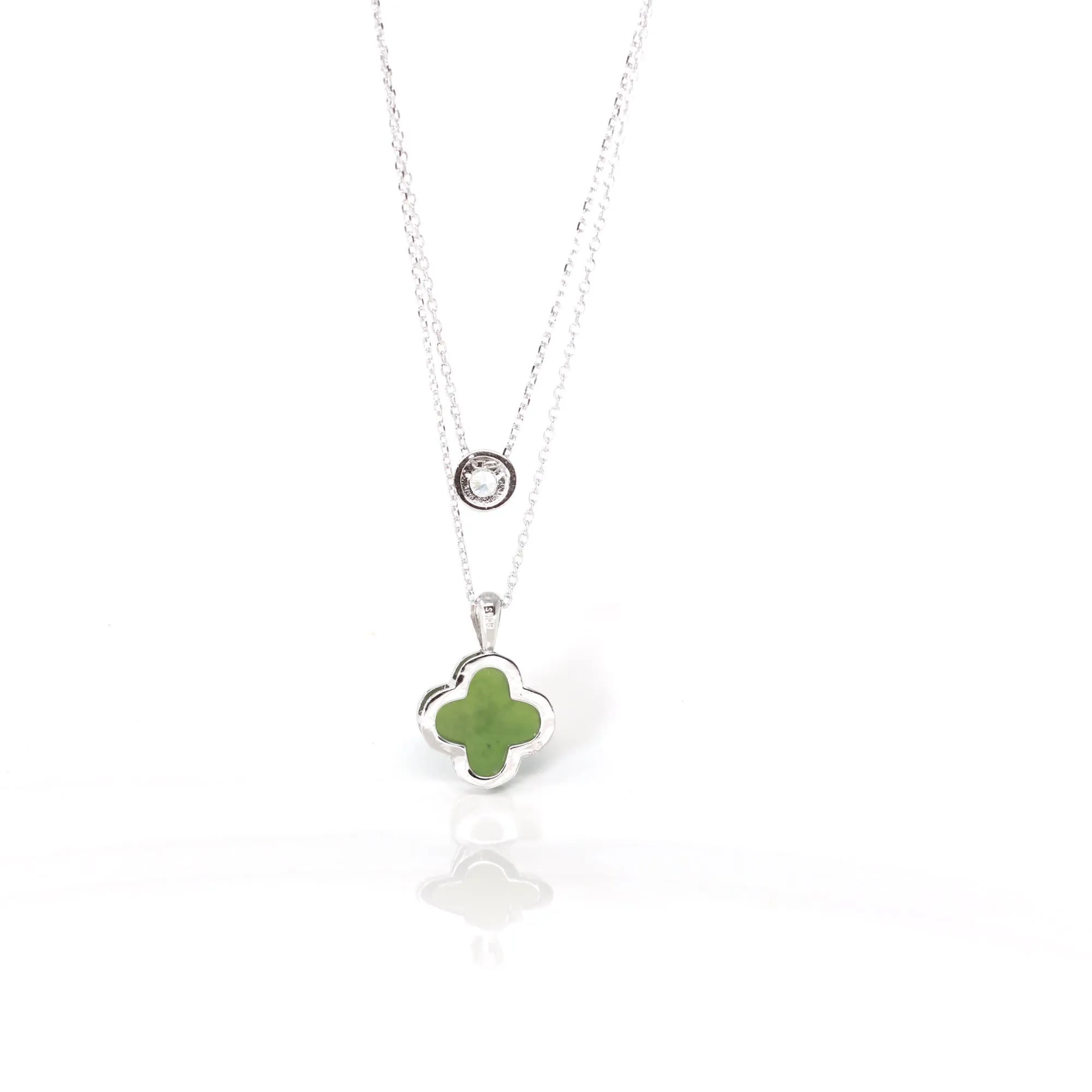 RealJade® Sterling Silver Real Green Nephrite Jade Lucky Four Leaf Pendant Necklace