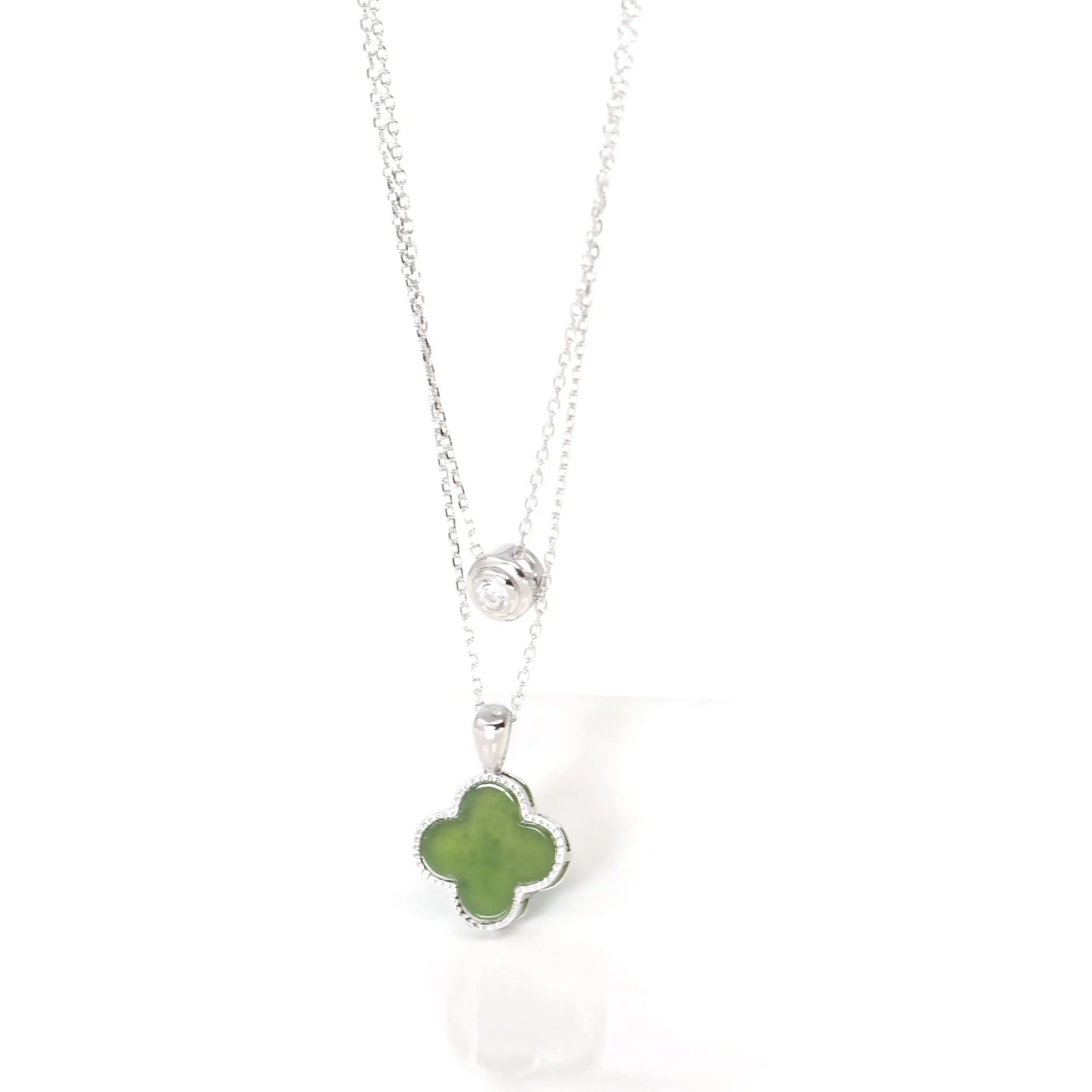 RealJade® Sterling Silver Real Green Nephrite Jade Lucky Four Leaf Pendant Necklace