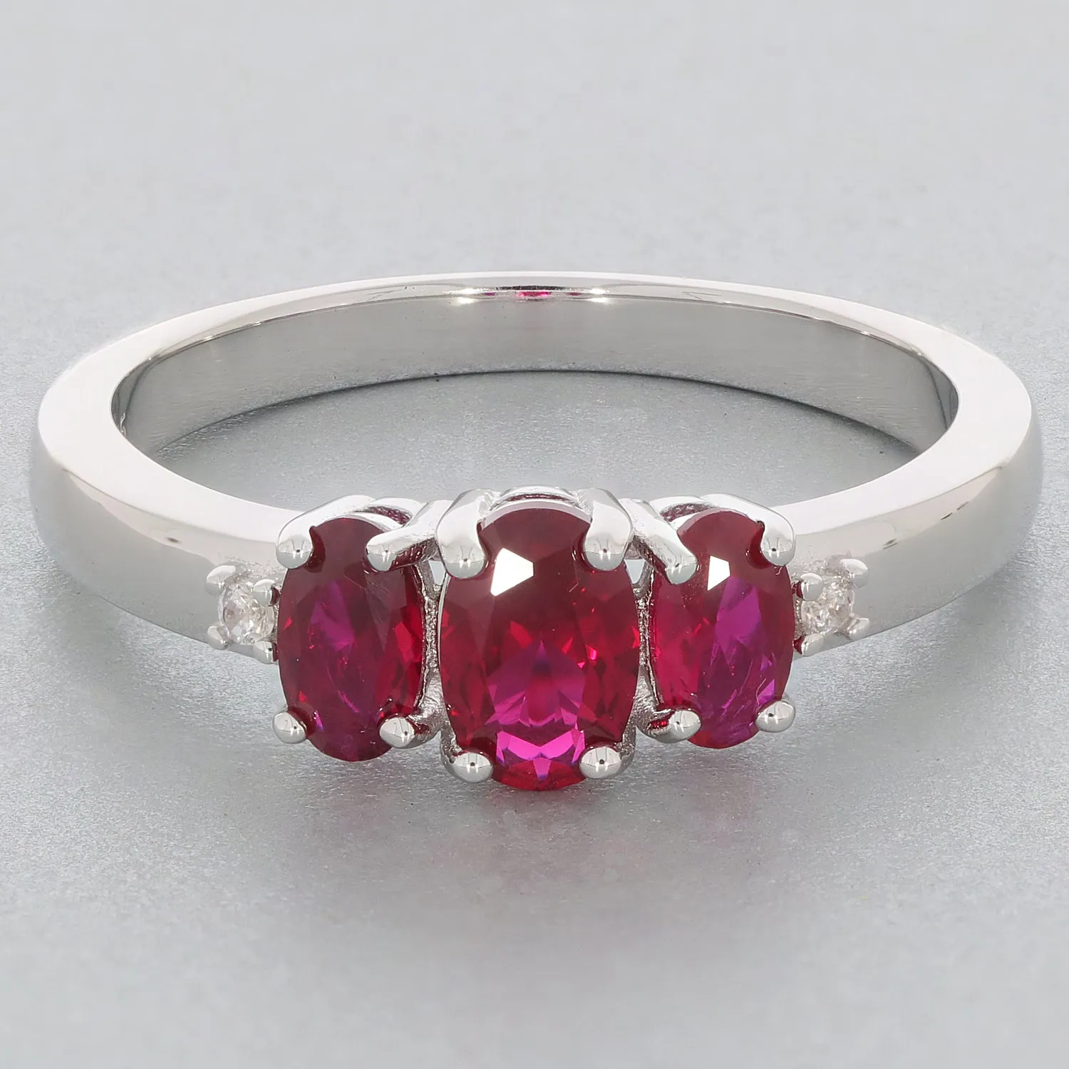 Red Ruby Sterling Silver Ring 3 Stones with Accent