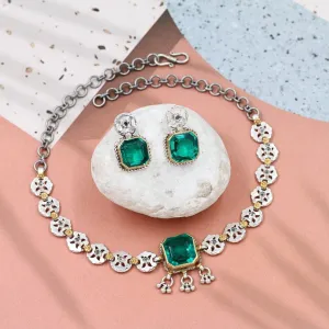 Royal Elegance: Sangeeta Boochra Silver Emerald Necklace and Earring Set