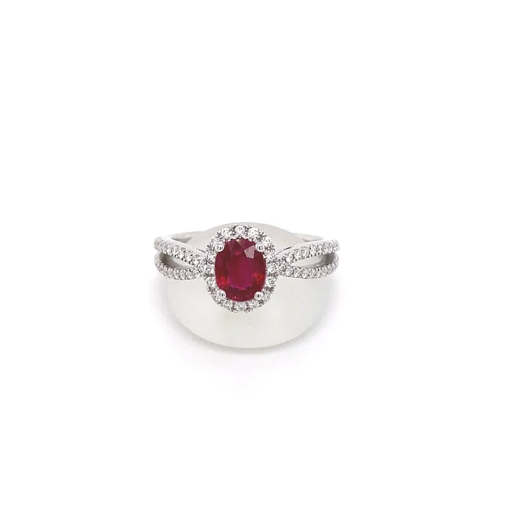 Ruby and diamond Halo ring 18kt white gold