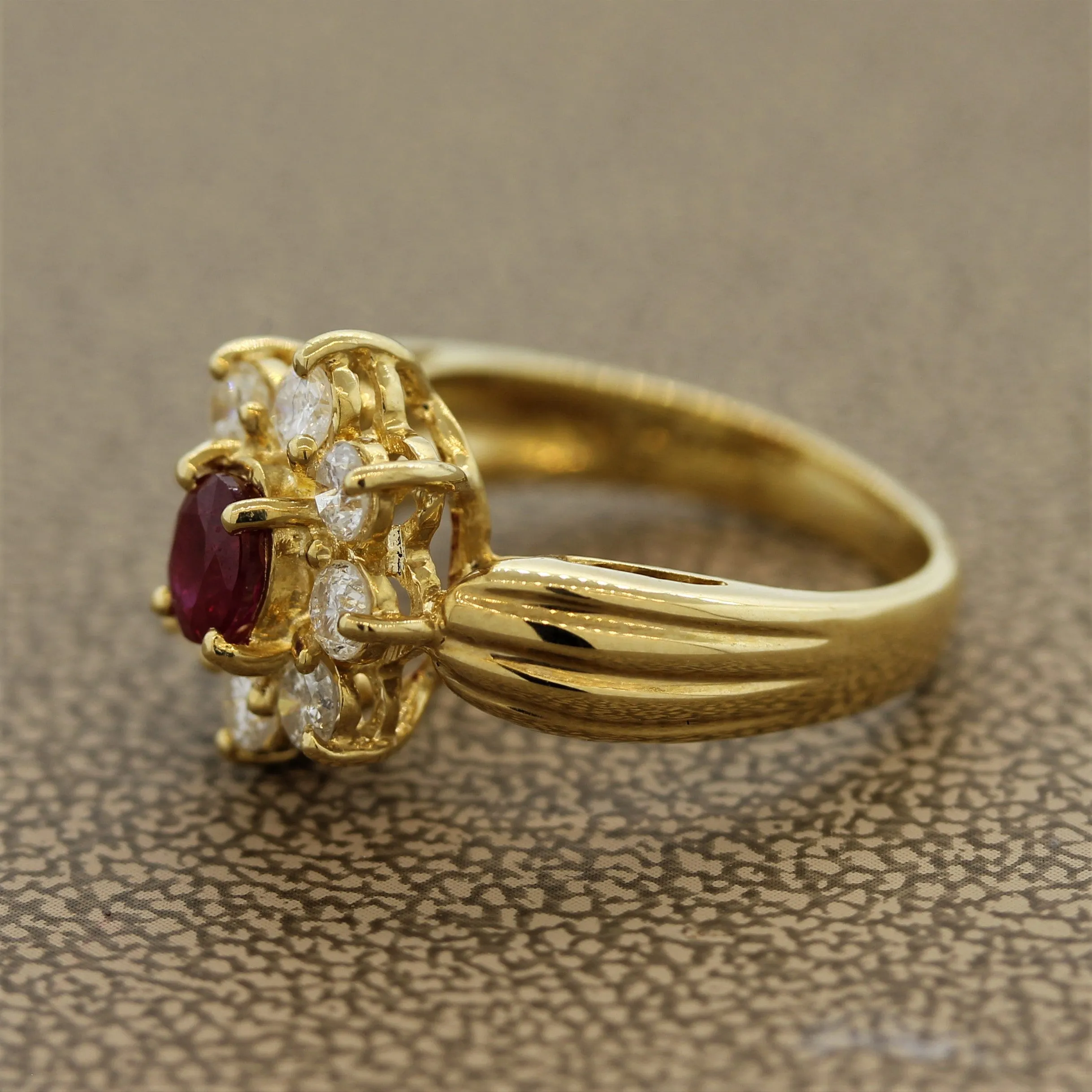 Ruby Diamond-Halo Gold Flower Ring