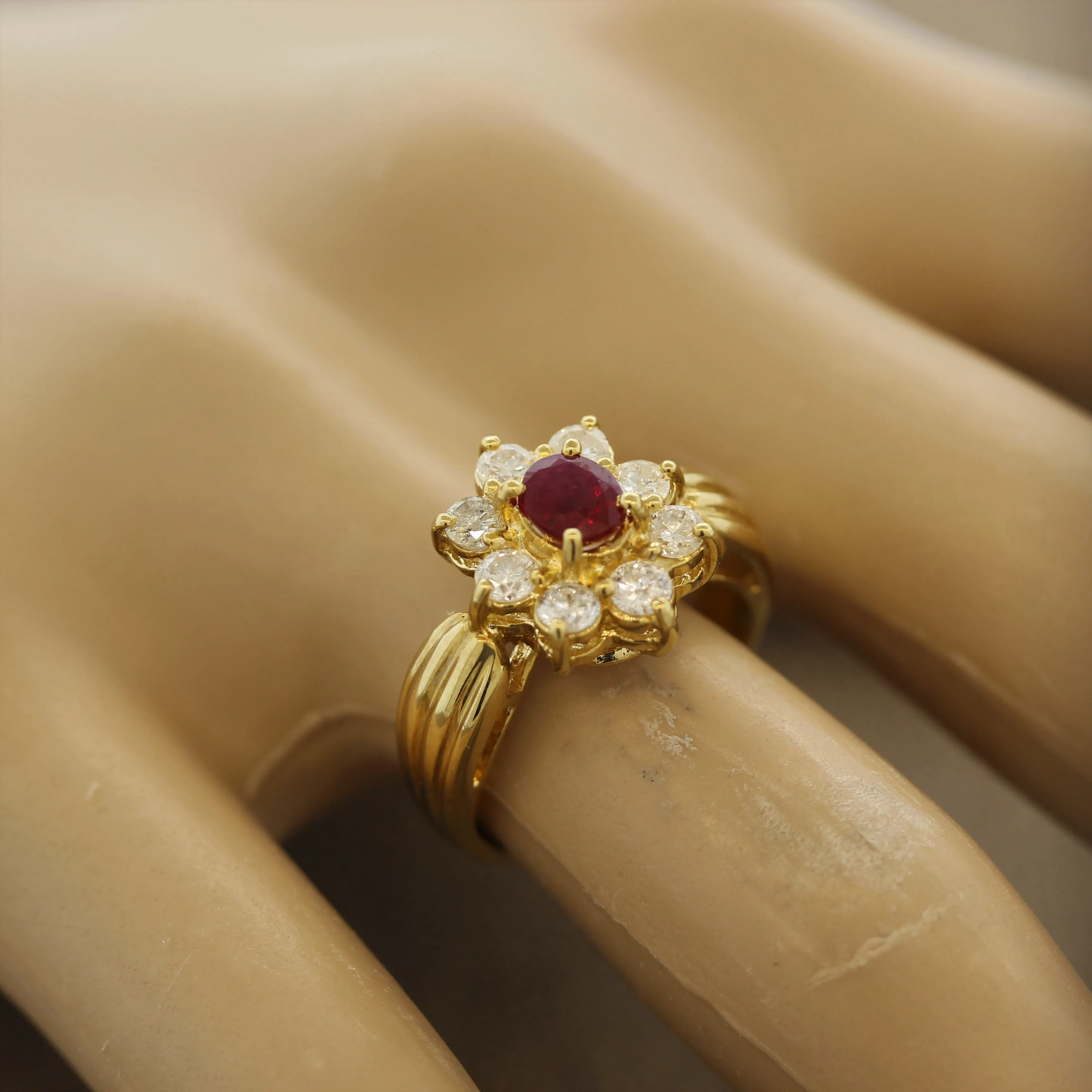 Ruby Diamond-Halo Gold Flower Ring