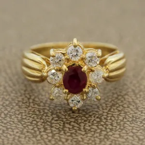 Ruby Diamond-Halo Gold Flower Ring