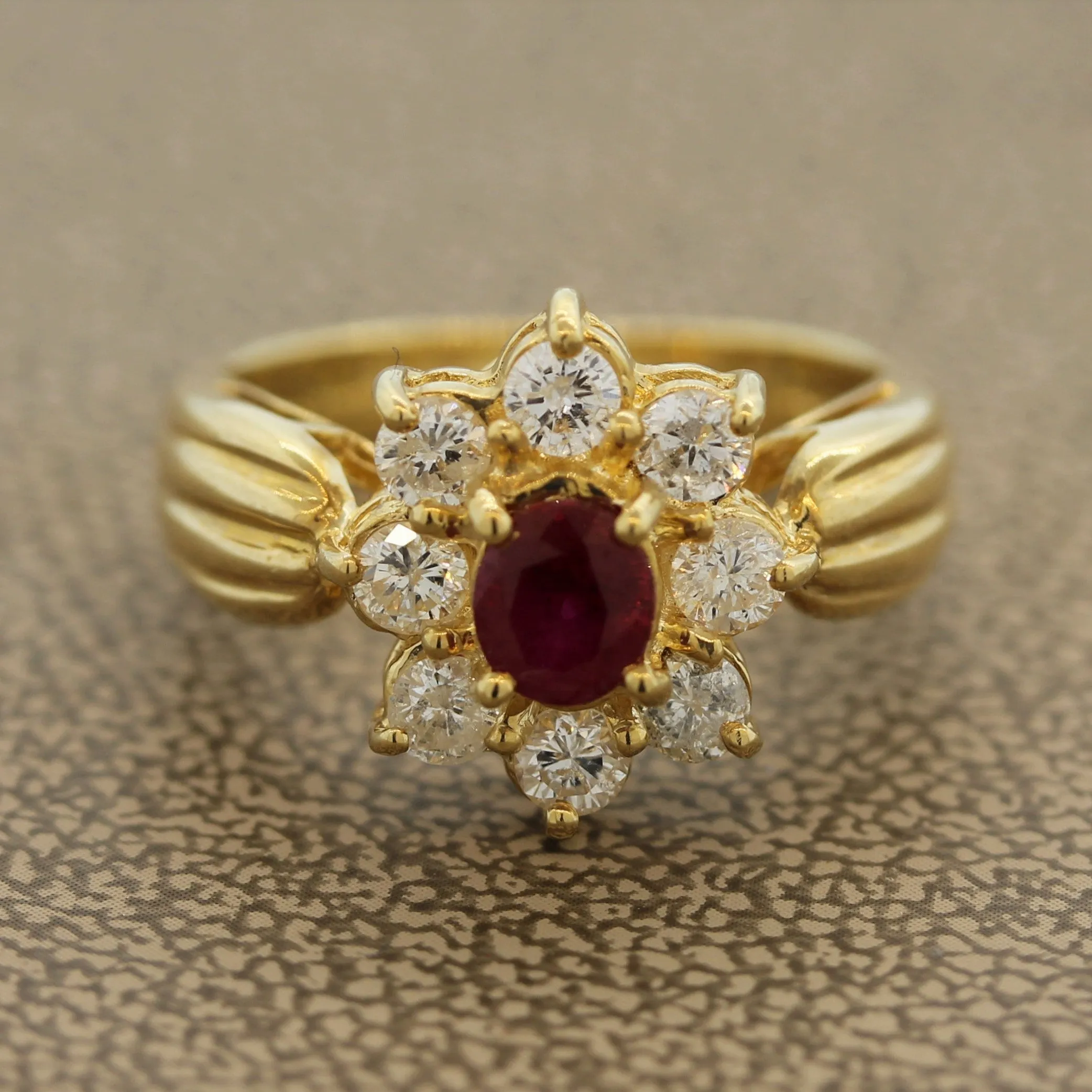 Ruby Diamond-Halo Gold Flower Ring