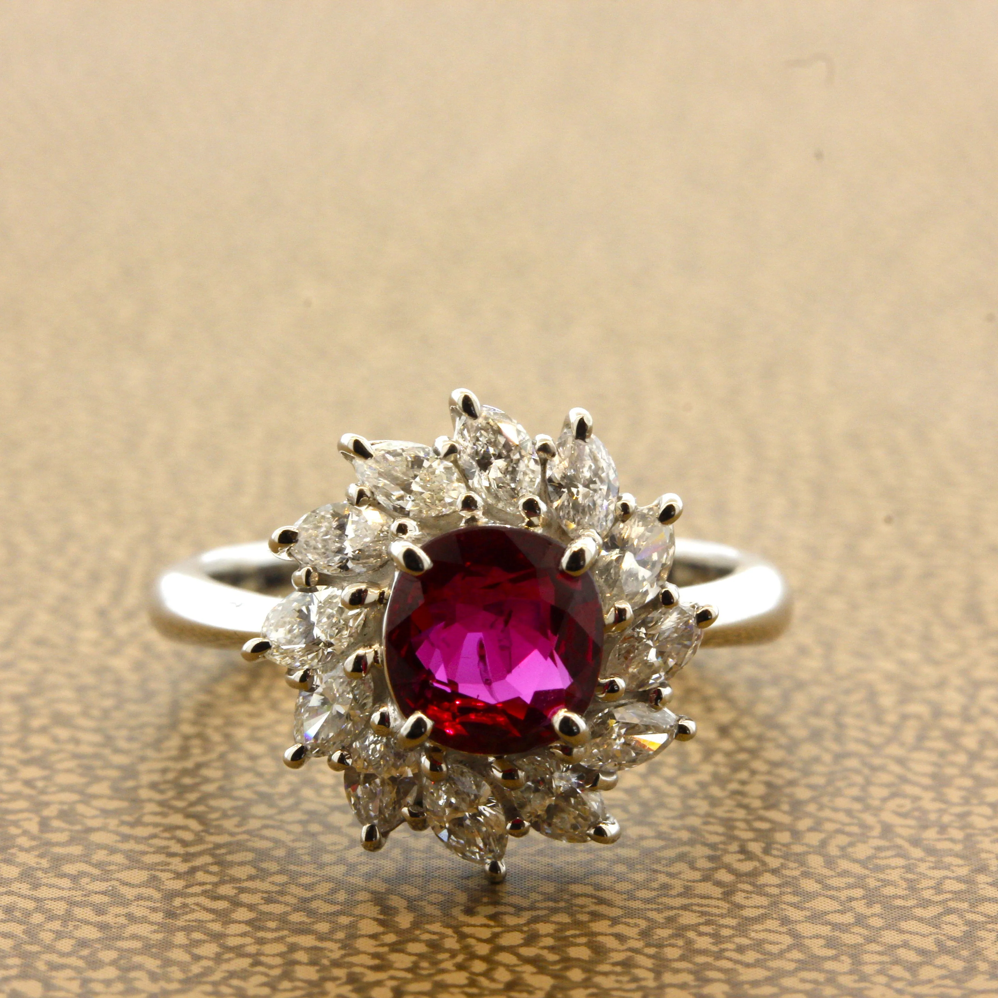 Ruby Diamond Sunburst Platinum Ring