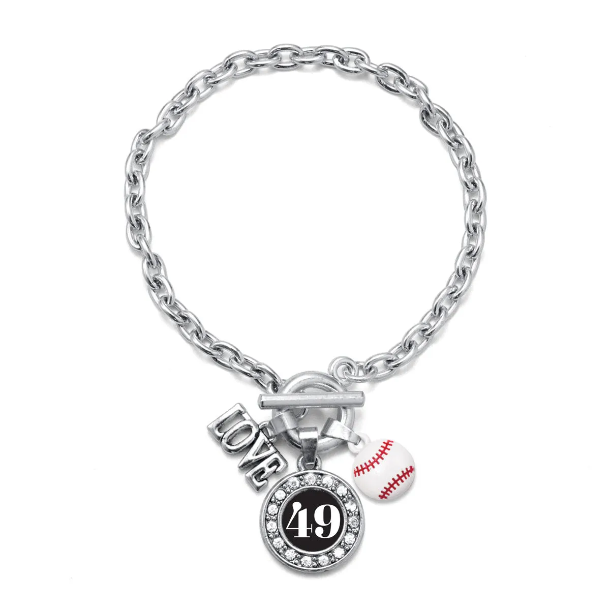 Silver Baseball - Sports Number 49 Circle Charm Toggle Bracelet