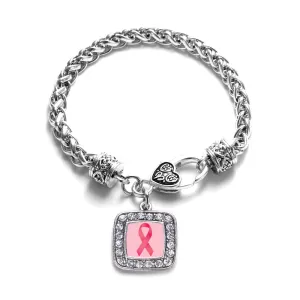 Silver Breast Cancer Square Charm Braided Bracelet