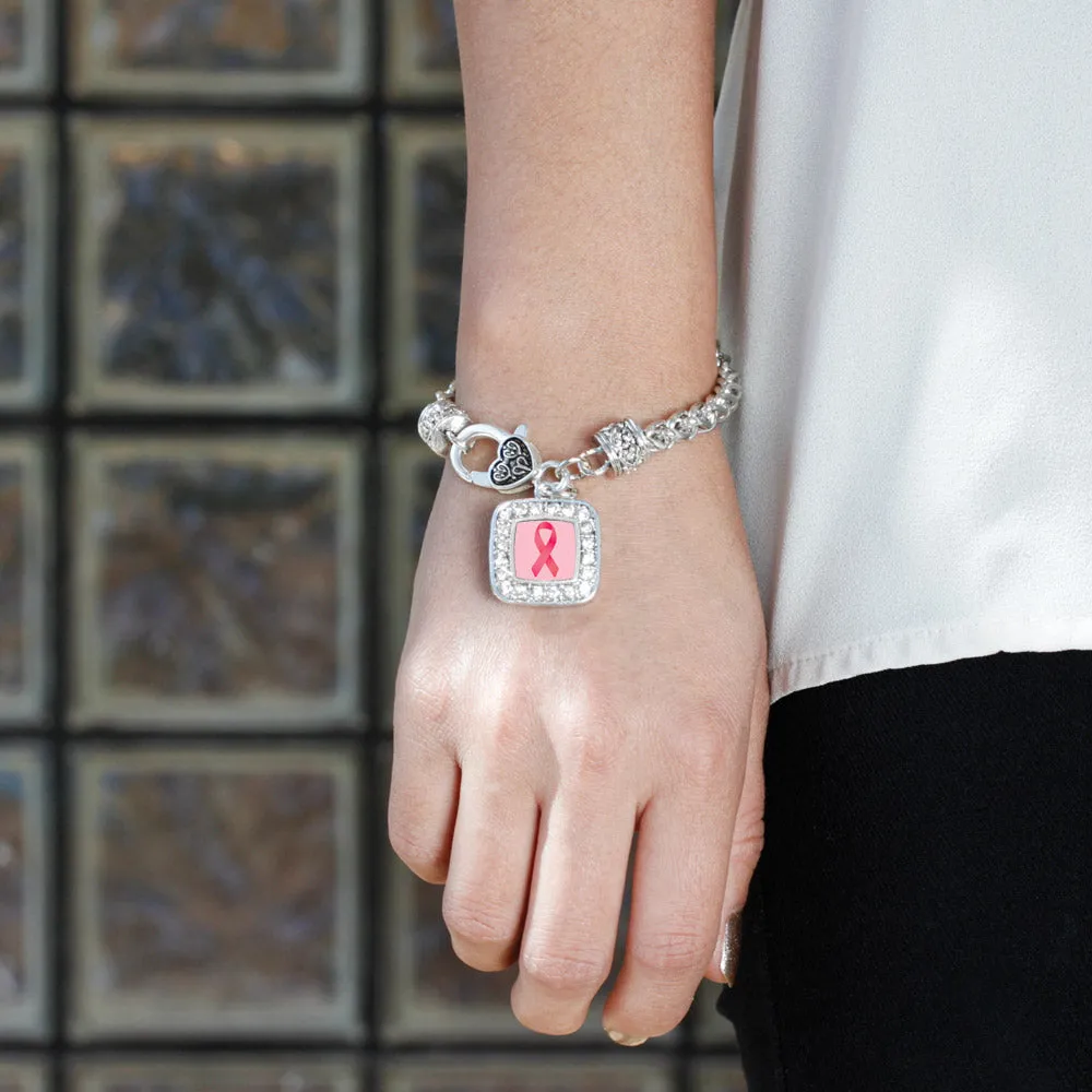 Silver Breast Cancer Square Charm Braided Bracelet