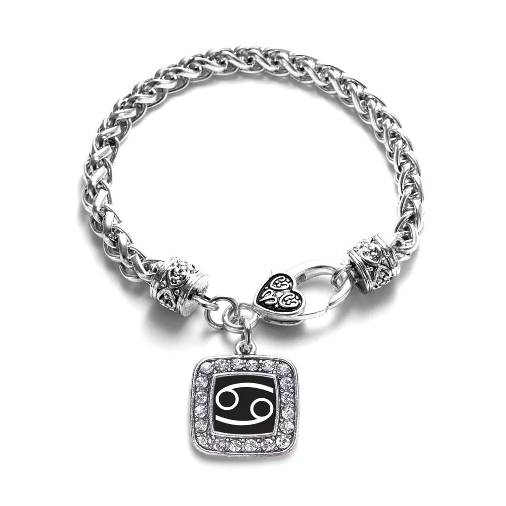 Silver Cancer Zodiac Square Charm Braided Bracelet