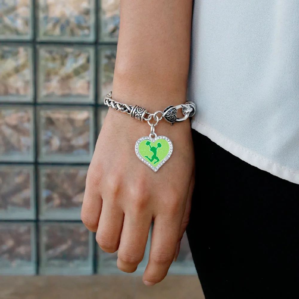 Silver Cheerleader - Green Open Heart Charm Braided Bracelet