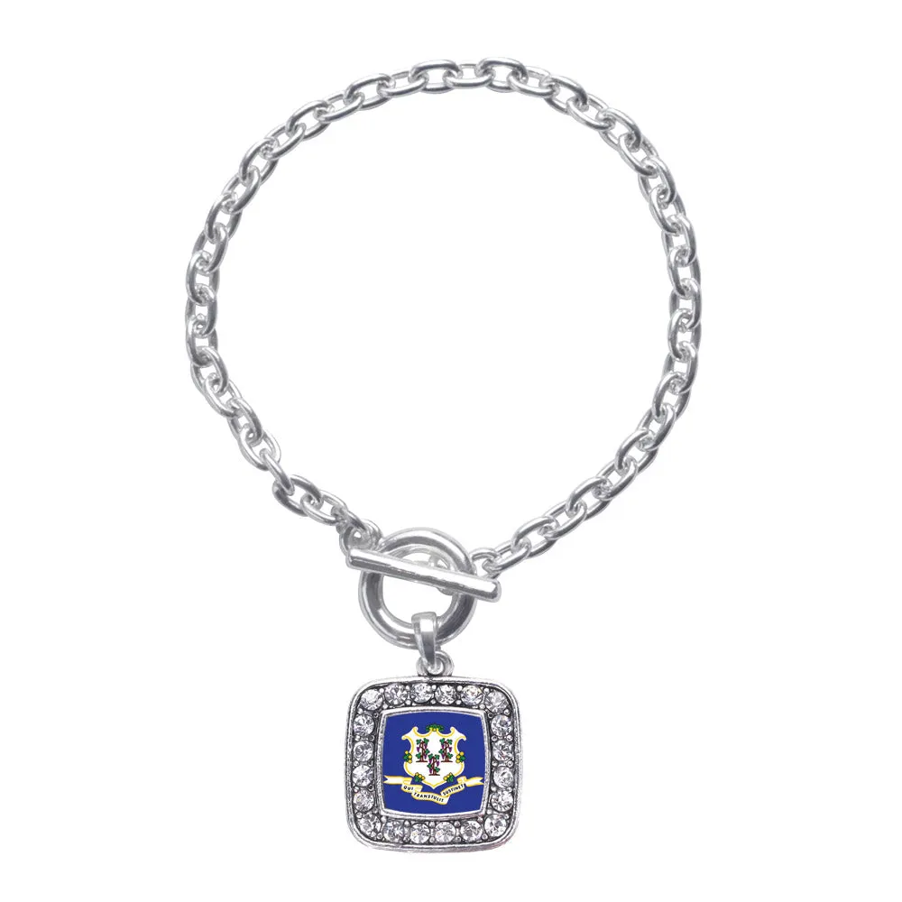 Silver Connecticut Flag Square Charm Toggle Bracelet