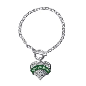 Silver Forest Green Mom of Groom Pave Heart Charm Toggle Bracelet