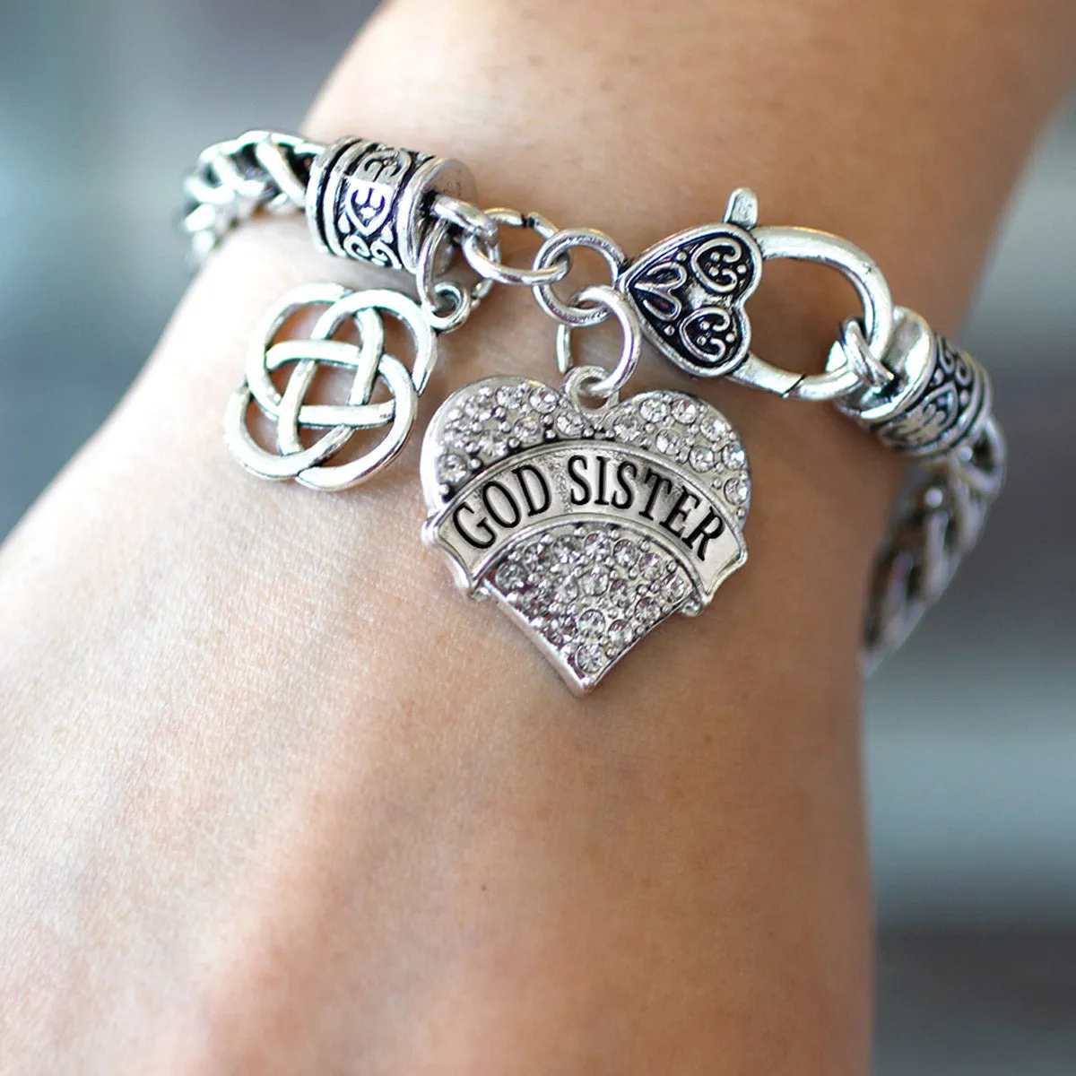 Silver God Sister Celtic Knot Pave Heart Charm Braided Bracelet