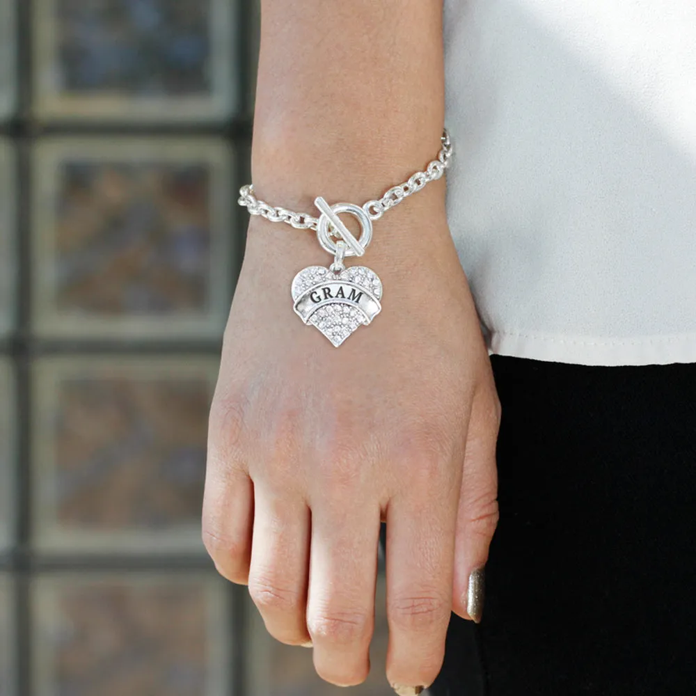 Silver Gram Pave Heart Charm Toggle Bracelet