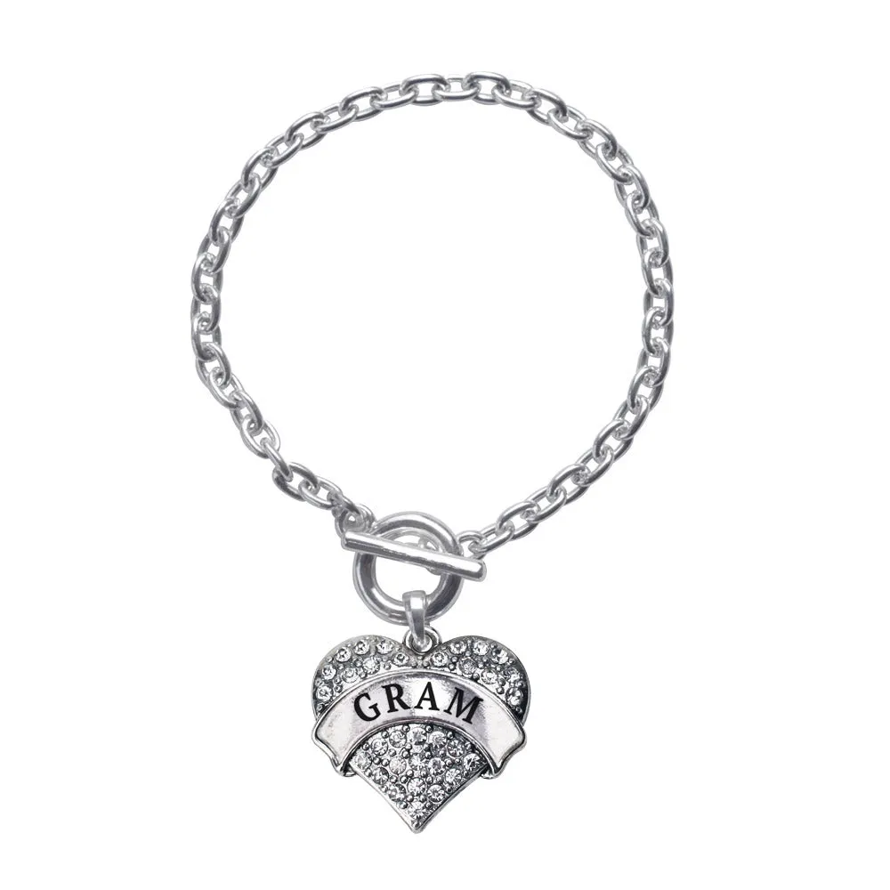 Silver Gram Pave Heart Charm Toggle Bracelet