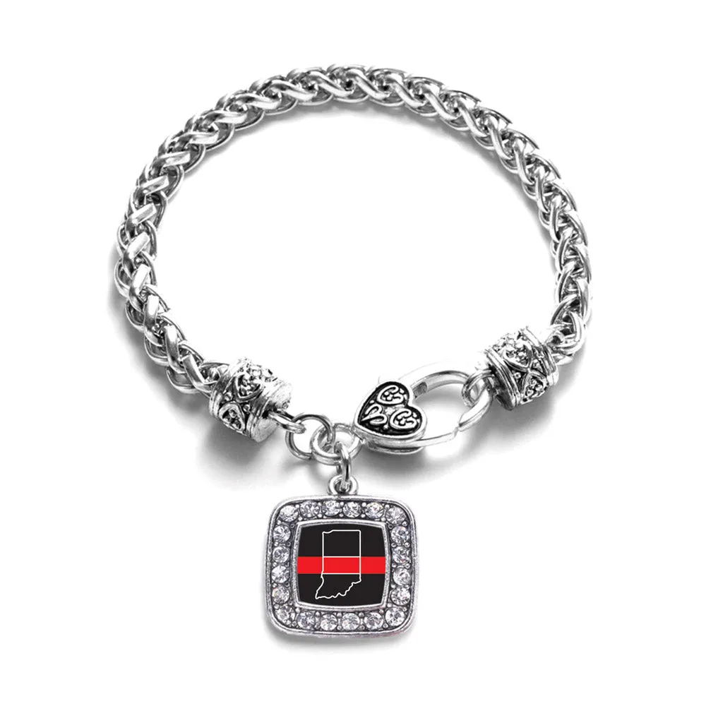 Silver Indiana Thin Red Line Square Charm Braided Bracelet