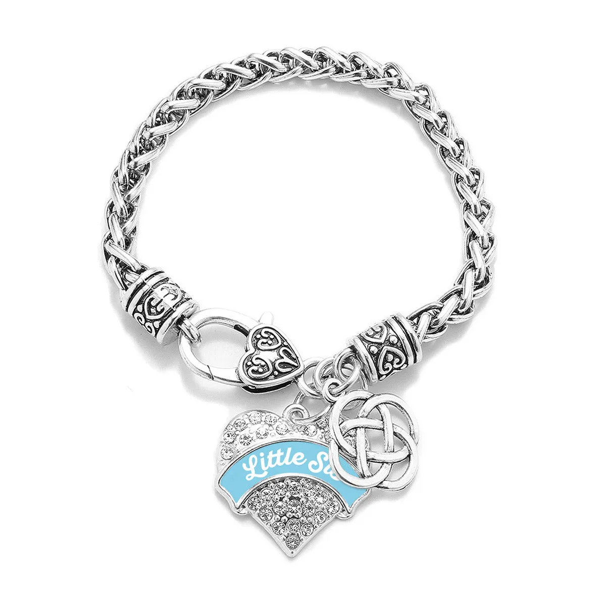 Silver Light Blue Little Sis Celtic Knot Pave Heart Charm Braided Bracelet